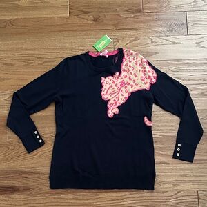Lilly Pulitzer Navy Marielle Sweater with Pink Leopard Cheetah Accent XL